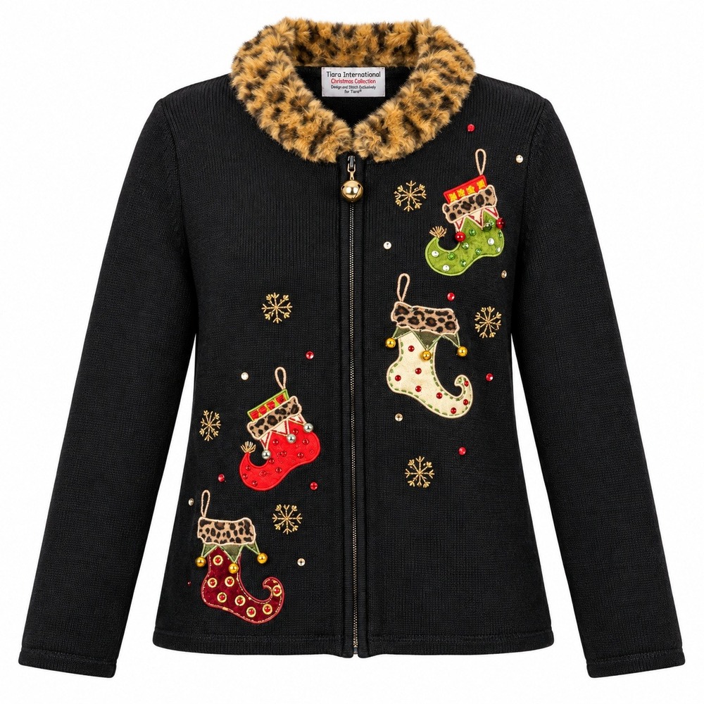 Tiara International Kitsch Ugly Sweater Womens L Mob Wife Christmas Stocking Fur